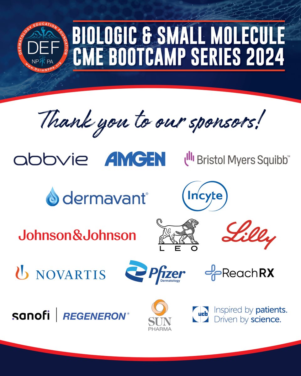 DermNPPA's tweet photo. Join us at the next DEF Biologic &amp; Small Molecule Bootcamp! Network, learn the latest data, and connect with industry peers. Thanks to our sponsors for their support!

🗓️ Saturday, November 9, 2024
📍 Hyatt Regency Huntington Beach https://t.co/uQK1nHZL23