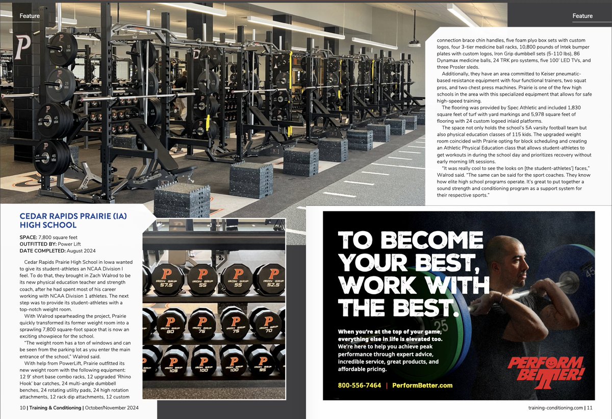 Zach Walrod (@zachwalrod) on Twitter photo Our <a href="/CRP_Activities/">Prairie HS Activities Office</a> Prairie Performance Palace has been featured in Training & Conditioning under "Facilities of Excellence"! Built with performance in mind, this top-tier facility-featuring <a href="/KeiserFitness/">Keiser</a> pneumatic machines & <a href="/power_lift/">Power Lift</a> equipment, also supports our PE program. Our <a href="/CRP_Activities/">Prairie HS Activities Office</a> Prairie Performance Palace has been featured in Training & Conditioning under "Facilities of Excellence"! Built with performance in mind, this top-tier facility-featuring <a href="/KeiserFitness/">Keiser</a> pneumatic machines & <a href="/power_lift/">Power Lift</a> equipment, also supports our PE program.