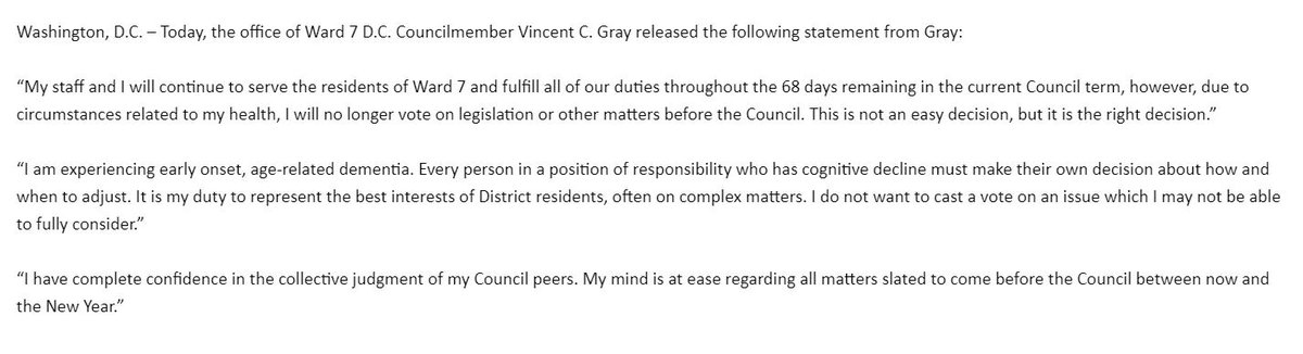 maustermuhle's tweet photo. Sad news: @VinceGrayWard7 will no longer cast votes in the D.C. Council, saying that he is suffering "early onset, age-related dementia." He adds: "I do not want to cast a vote on an issue which I may not be able to fully consider." He has just over two months left in office. https://t.co/0o4Tym2l5j