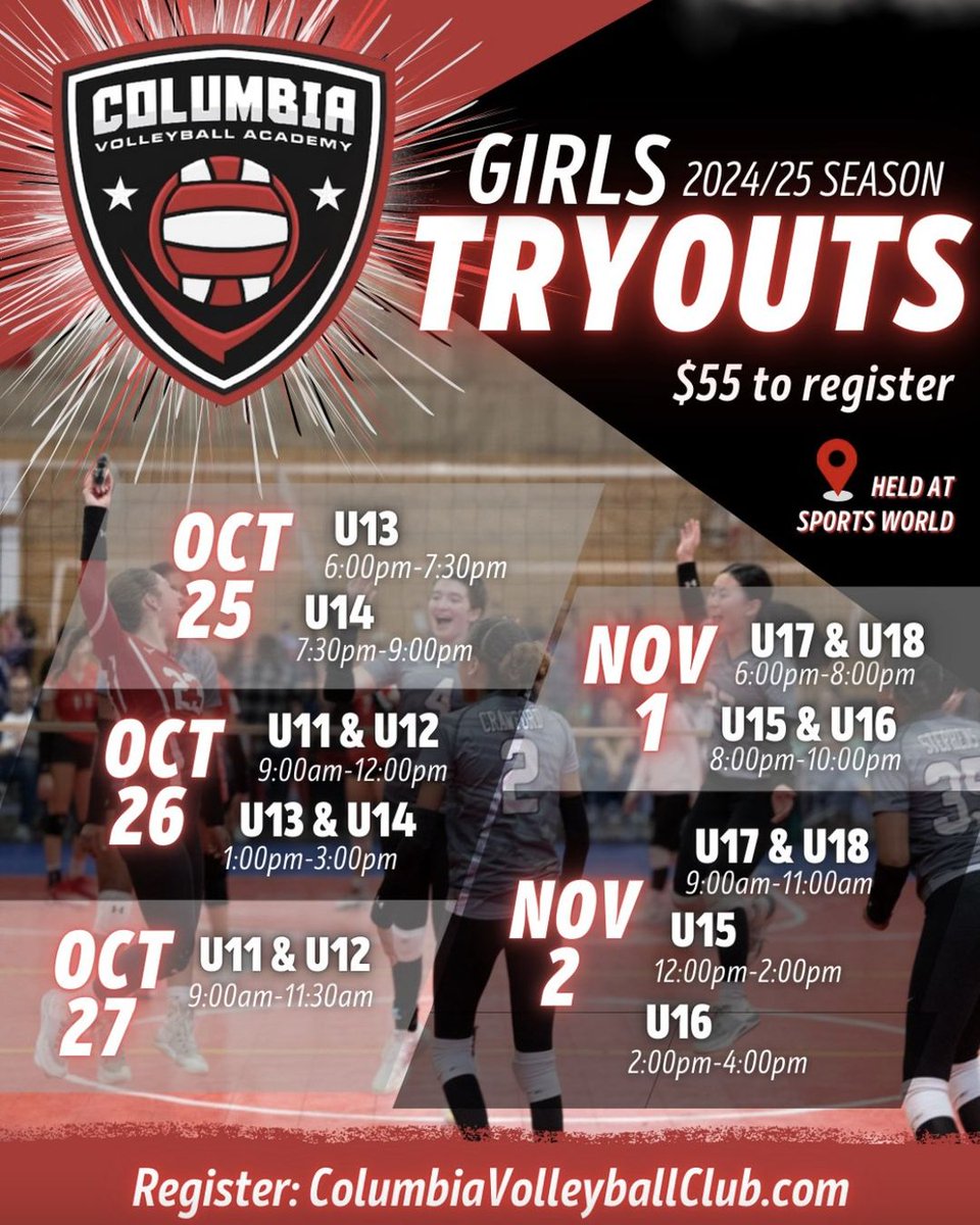 🚨 U11-U18 Girls Tryouts begin TOMORROW! Are YOU ready?! ⚫ 🏐

🗓️ Oct 25, 26, 27; Nov 1 &amp; 2 
📍 Sports World 
💵 $55 per player

For a schedule of times and to register, check out our flyer and website  👇
bit.ly/3ScaXx7