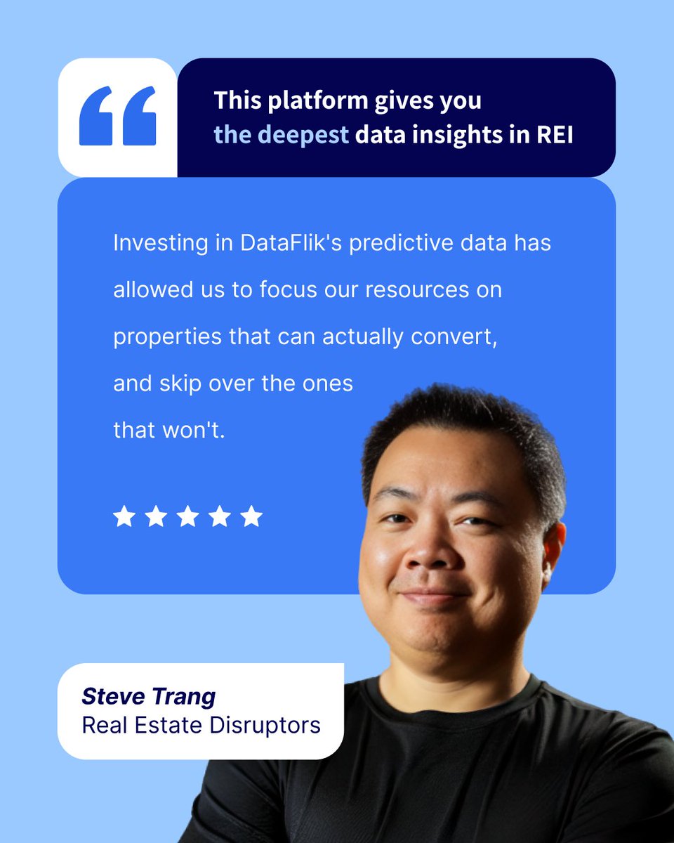 dataflik_'s tweet photo. 🚀 Customer Review Spotlight: Steve Trang - Real Estate Disruptors 

Thank you, Steve, for sharing your experience! 🙌

Join #realestateinvesting leaders and find more off-market opportunities with our powerful AI engine: https://t.co/XxwNgy1OgA 

#datadriven #customersuccess https://t.co/jJ5rclr7AW