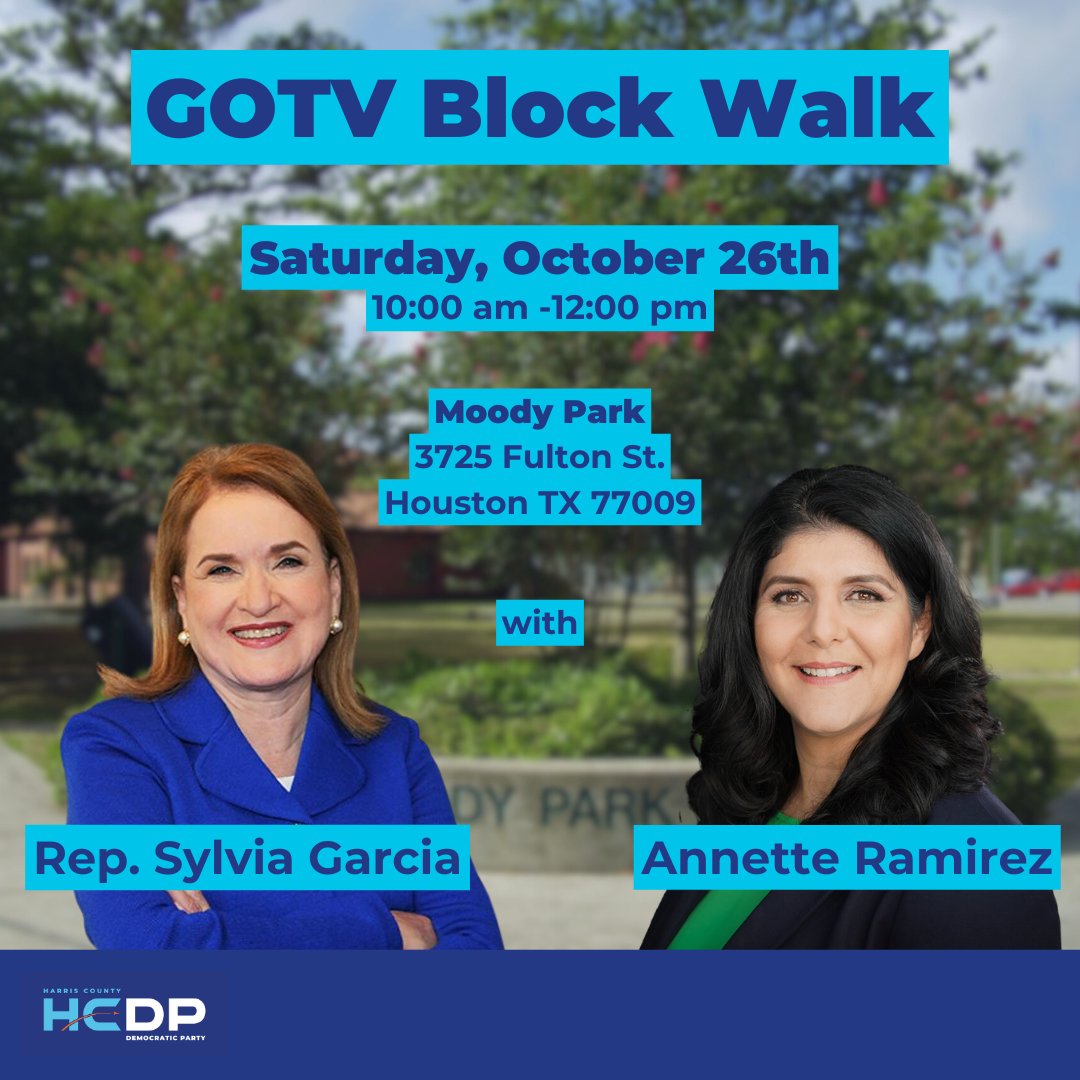 harrisdemocrats's tweet photo. If you live near Moody Park, you can't miss Saturday's GOTV Block Walk with @LaCongresista and @ElectAnnetteR!
Info and signup @ https://t.co/dwJ729shFi
#vote #gotv #turntexasblue #democrats #houston #htx #htown #dems #ThisisHarrisCounty #kamala #HarrisWalz2024 #dosomething https://t.co/cKwPGZaHDa