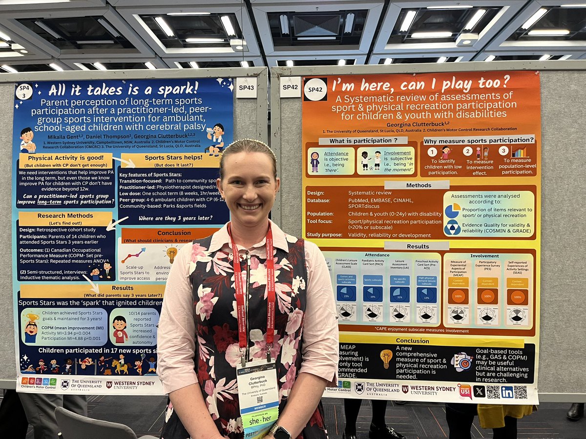 GeorginaPaedsPT's tweet photo. Two of my three posters at #AACPDM2024. Cliff notes: 1) An 8-week practitioner-led sports group improves participation in sport, which is sustained 3 YEARS post intervention. 2) standardised participation assessments do not adequately measure attendance or involvement in sport. https://t.co/O1gGwaCajr