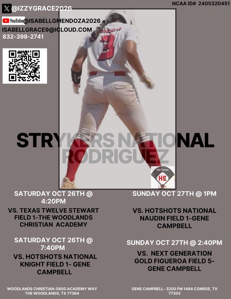 Isabell Mendoza (@izzygrace2026) on Twitter photo Back at it again this weekend! Come check us out at the Hot Corners Tournament! Ready to compete with my team! Every game growing together!! <a href="/National_16u/">Strykers National Rodriguez</a> Back at it again this weekend! Come check us out at the Hot Corners Tournament! Ready to compete with my team! Every game growing together!! <a href="/National_16u/">Strykers National Rodriguez</a>