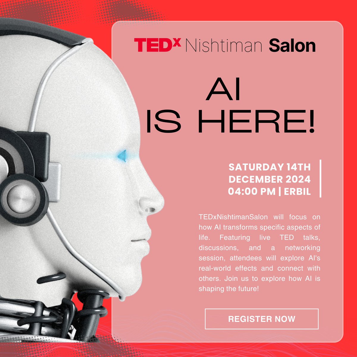 TEDxNishtiman's tweet photo. یەكەم پرۆگرامی جیهانی تێدئێكس سالۆن دەربارەی ژیری دەستكرد لە هەرێمی كوردستان و عێراق دەستی پێكرد! 

Stay tuned to attend in Erbil🤖🚀

#TED #TEDx #TEDxNishtiman #TEDxNishtimansalon https://t.co/FBdeHYEezL