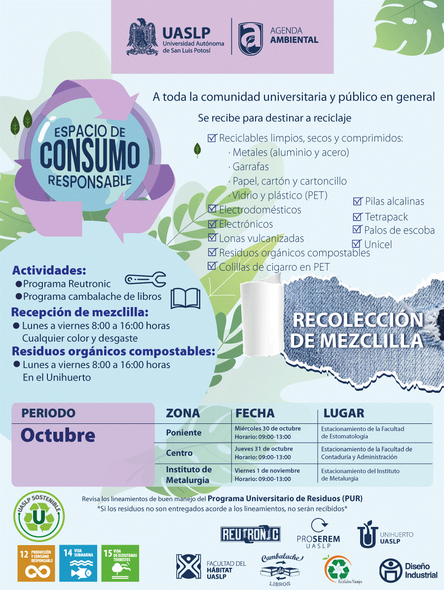 CasaComunSLP's tweet photo. Buenos días, les invitamos a participar en el Espacio de Consumo Responsable desde este miércoles 30 hasta el viernes 1 de Noviembre, recuerden revisar los lineamientos para mejorar el manejo de los residuos.

https://t.co/u8n6nU6mOf https://t.co/TN0wboN5bF