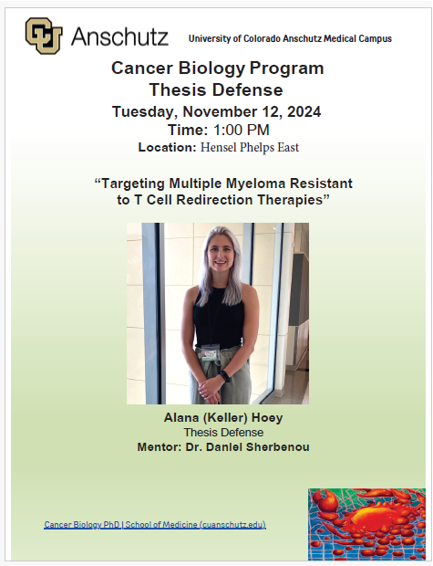 CU Anschutz Cancer Biology Graduate Program (@cucancerbio) on Twitter photo Mark your calendars for Alana Keller's thesis defense! <a href="/AlanaKelScience/">Alana (Keller) Hoey, PhD</a> <a href="/DanielSherbenou/">Daniel Sherbenou, MD, PhD</a> #BestYouCANB Mark your calendars for Alana Keller's thesis defense! <a href="/AlanaKelScience/">Alana (Keller) Hoey, PhD</a> <a href="/DanielSherbenou/">Daniel Sherbenou, MD, PhD</a> #BestYouCANB