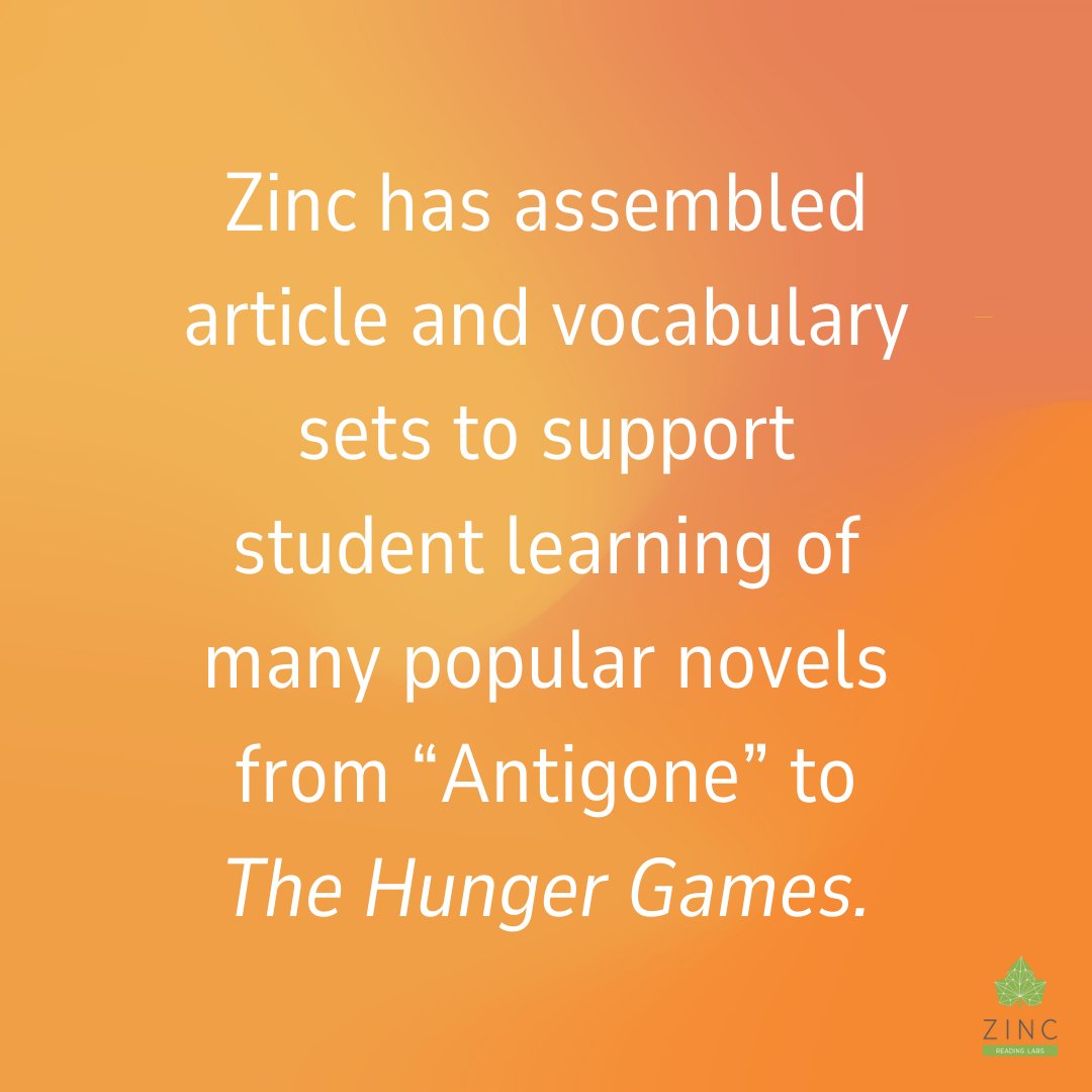 ZincLearning's tweet photo. Zinc has vocabulary and article sets to support over 80 books, novels, and dramas that are commonly found in core curricula or are currently topping the YA charts.

#bookstudy #novelstudy #vocabulary #literacymatters https://t.co/qqg3MAayHz
