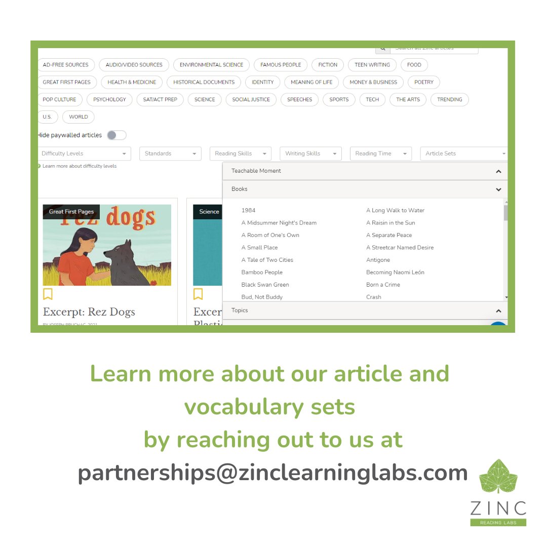 Zinc has vocabulary and article sets to support over 80 books, novels, and dramas that are commonly found in core curricula or are currently topping the YA charts.

#bookstudy #novelstudy #vocabulary #literacymatters