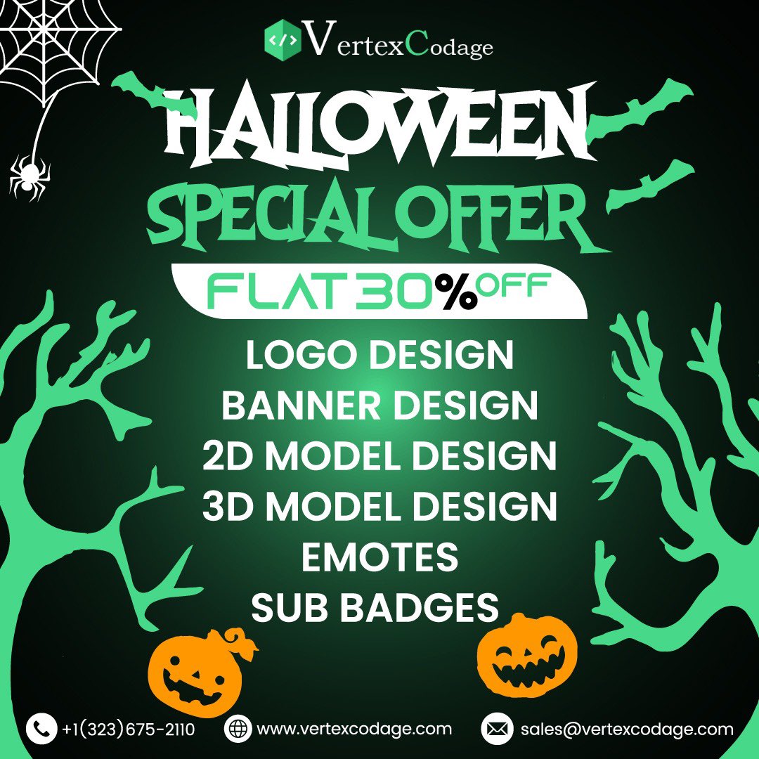 Vertexcodage's tweet photo. This Halloween, enjoy a 30% discount on all our design services at VertexCodage! From logos to 3D models, we've got you covered. Don't miss out! 
#Halloween #VertexCodage #twitch #TwitchStreamers #SmallStreamerCommunity #StreamerCommunity #twitchaffiliate #kickcommunity https://t.co/s00PN7oCze