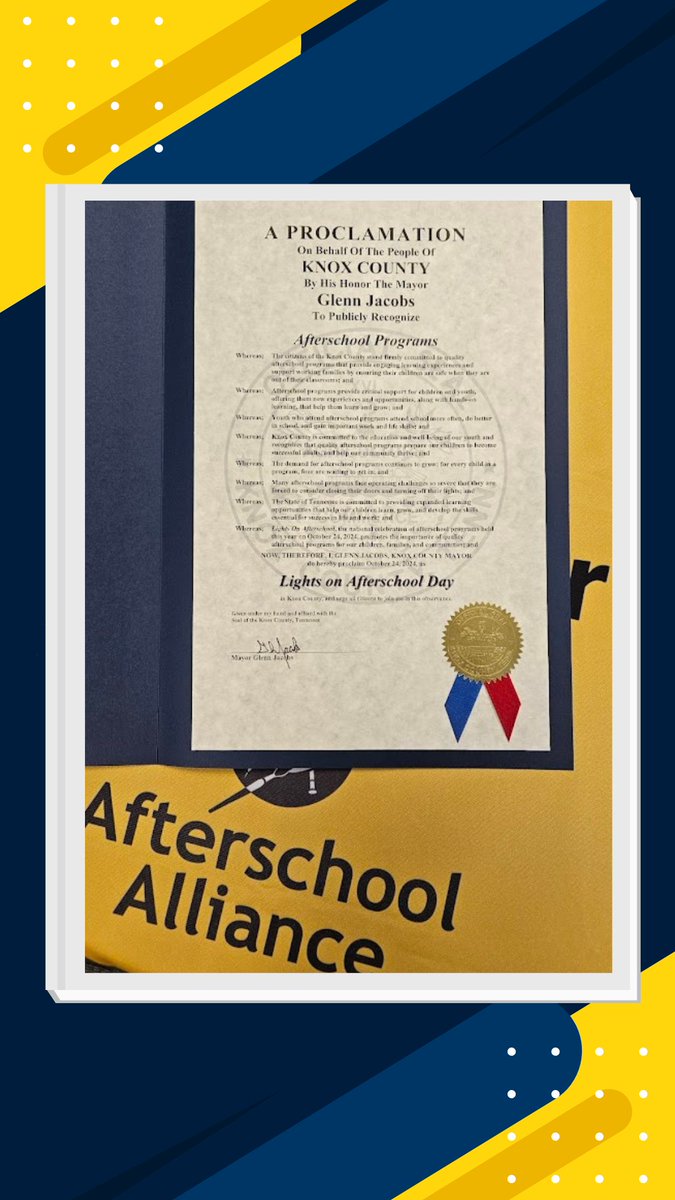 SHADESofDevelop's tweet photo. We appreciate the recognition and support of Afterschool Programs. Pictured is the Proclamation from Mayor Glenn Jacobs declaring October 24, 2024 the day to observe Lights on Afterschool. #shadesofdevelopment #lightsonafterschool #cityofknoxville #afterschoolalliacne https://t.co/thvaiCarFo