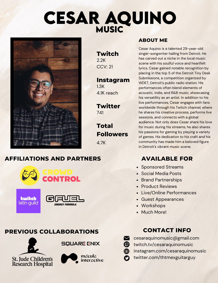 CesarAquinoMusic (@thtmexguitarguy) on Twitter photo What’s good yall! My name is Cesar and I’m a singer songwriter, who has a passion for music as well as gaming!
Any brands looking for creators? We’ll look no further! I GOT YOU!!! 🫵🏽
📧 email: CesarAquinoMusic@gmail.com
👀Socials: linktr.ee/cesaraquinomus… What’s good yall! My name is Cesar and I’m a singer songwriter, who has a passion for music as well as gaming!
Any brands looking for creators? We’ll look no further! I GOT YOU!!! 🫵🏽
📧 email: CesarAquinoMusic@gmail.com
👀Socials: linktr.ee/cesaraquinomus…