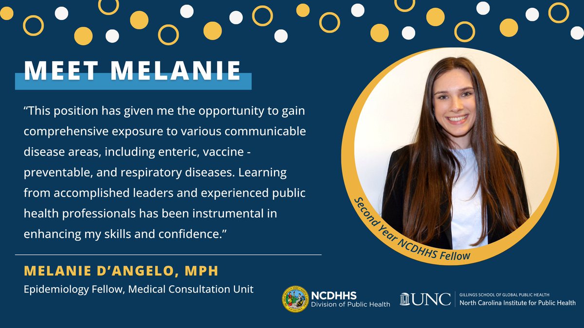 Introducing the NC Division of Public Health 2024-25 Fellows!
Melanie is a second-year Epidemiology Fellow in the Medical Consultation Unit.
“This experience is positively influencing my professional development &amp; preparing me for future roles in public health,” says Melanie.