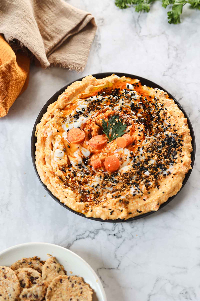 Roasted carrot dip w/ whipped feta, dukkah &amp; honey - an impressive app for entertaining! Get the recipe: immigrantstable.com/roasted-carrot…  #gourmetsnacks #appetizerideas