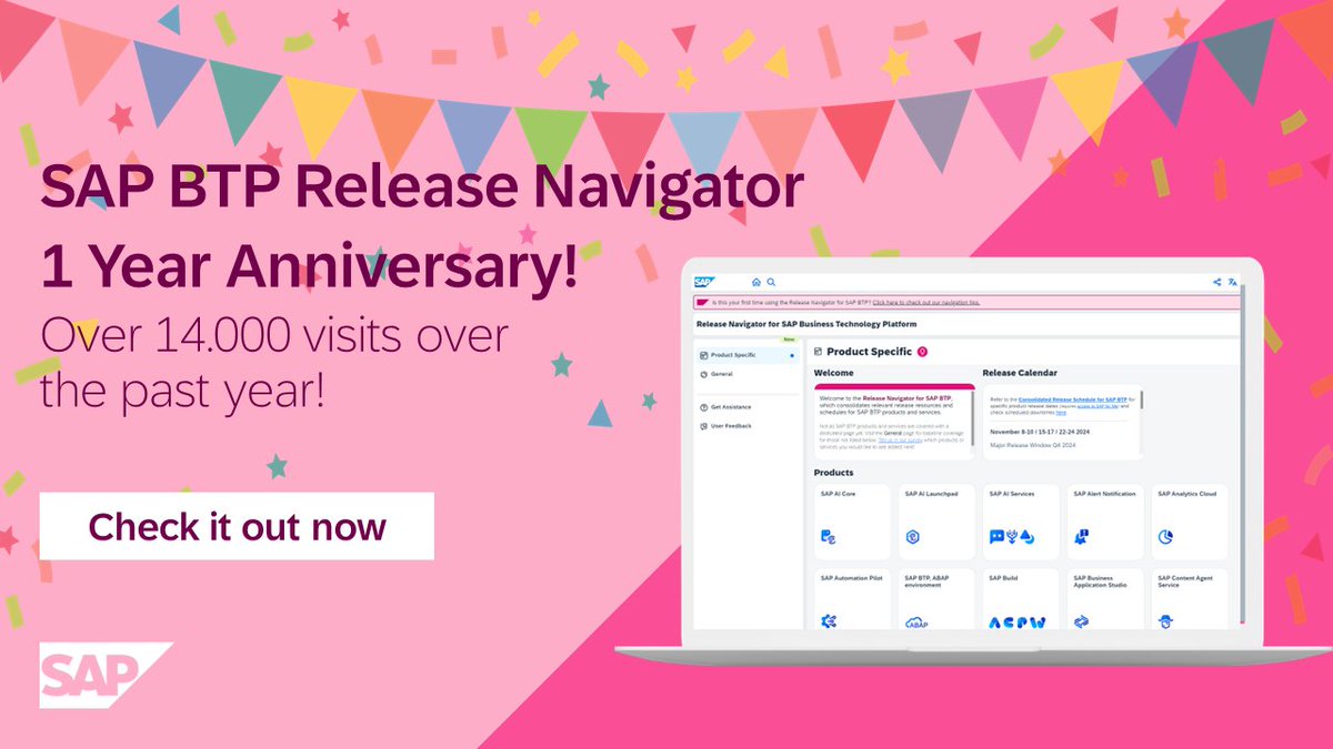 Time flies! For one year now, navigating release resources for SAP BTP has become much easier. Since its launch to SAP Enterprise Support customers in September 2023 we saw over 14.000 visits of the release navigator. 

Check out the navigator today: imsap.co/6013qNuW7