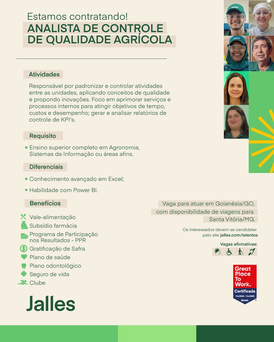jalles's tweet photo. Estamos com vaga aberta para Analista de Controle de Qualidade Agrícola.

Vaga para nossa unidade em Goianésia/GO.

Acesse https://t.co/Ae94CbiutH e venha fazer parte do nosso time!

#Jalles #Oportunidades #VagasdeEmprego #Goianésia #Goiás https://t.co/ncyc2BqmbJ