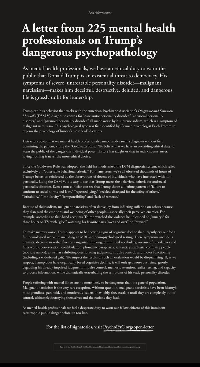 <a href="/realDonaldTrump/">Donald J. Trump</a> <a href="/TheAtlantic/">The Atlantic</a> <a href="/PsychoPAC24/">Anti-Psychopath PAC</a> <a href="/nytimes/">The New York Times</a> And here’s a clearer image of the ad, a page proof.  It’s a letter signed by 225 mental-health professionals, and it outlines the dangers of Trump’s disordered psychopathology to the Republic.