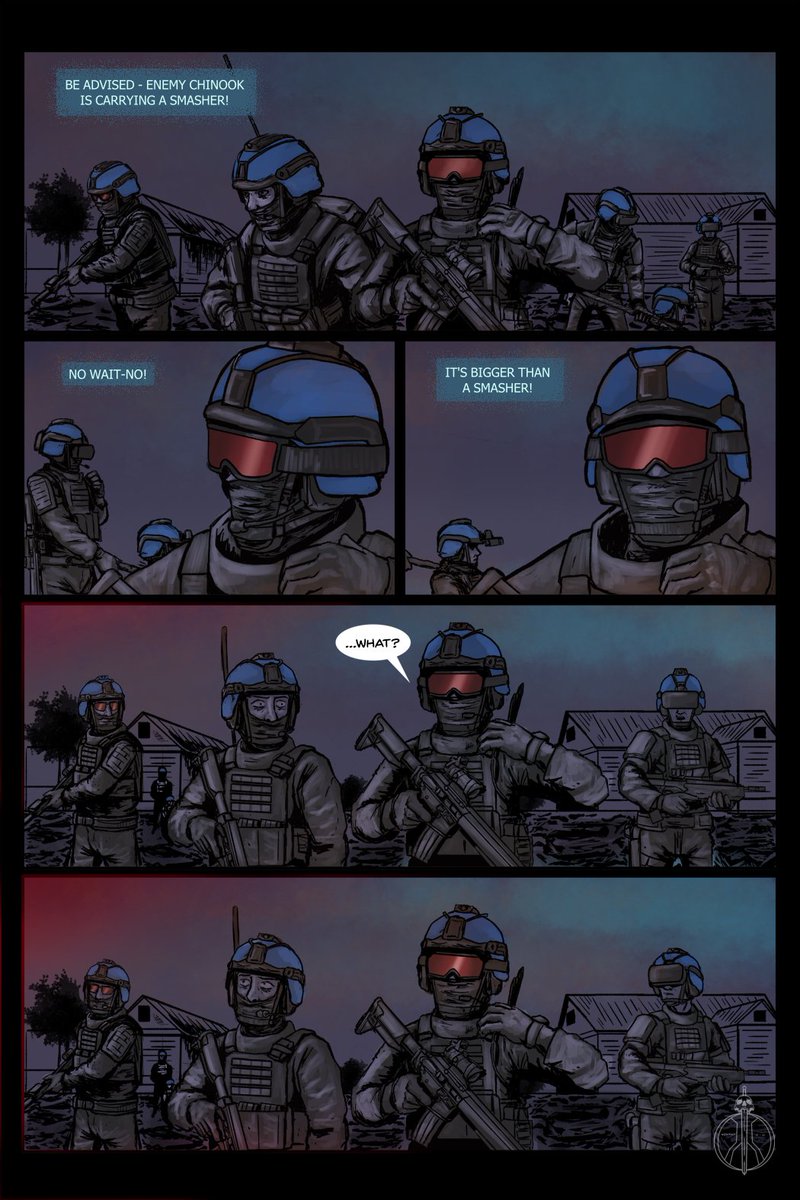 VikingZeroOne's tweet photo. When the Foundation airdrops an anomalous monster during combat:

Anyway, this is a comic rendition of a hilarious scene I liked from @RubixRaptor's ArmA 3 SCP 5K video. I hope ya'll like it. I'll make sure to add a download link to the comic later. https://t.co/n7pssb14aN