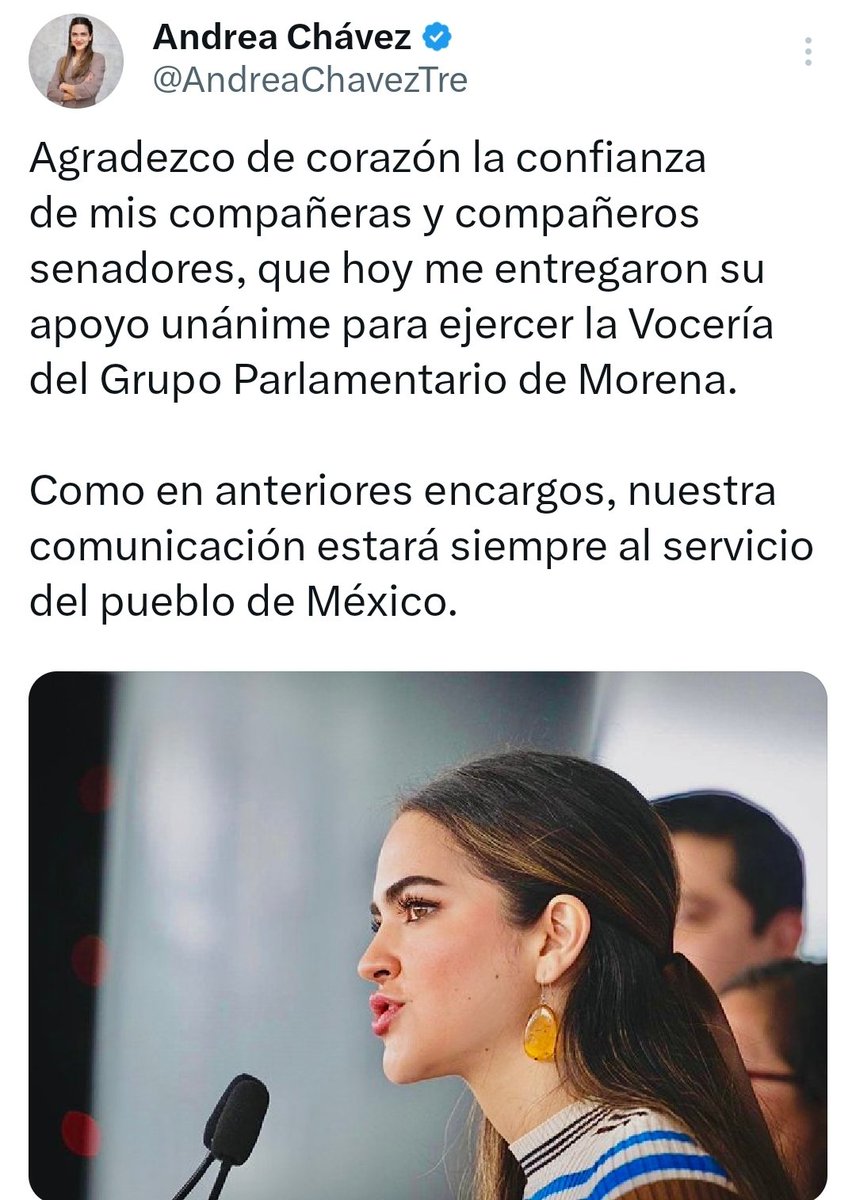 catrina_nortena's tweet photo. #ULTIMAHORA
🚨 HABEMUS Vocera de Morena en el Senado

Muchas felicidades a la Senadora @AndreaChavezTre por este nuevo cargo más que merecido y que pronto se convertira en la pesadilla del McPrian.

Andrea me representa... https://t.co/4TTGJz2a5O