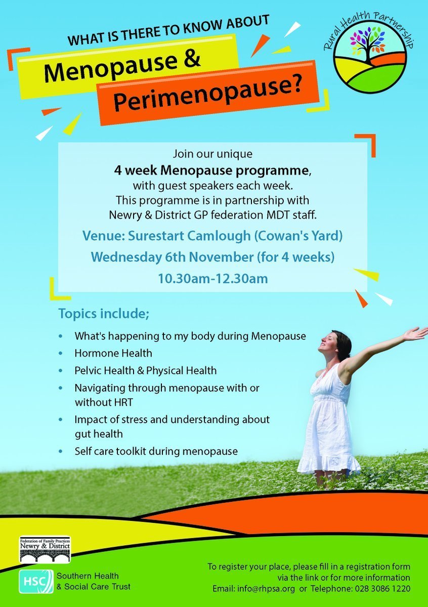Are you aged 40-65 and living in the South Armagh area? Why not join the <a href="/rhpsa02/">Rural Health Partnership</a> 4 week menopause programme in partnership with Newry &amp; District GP Federation &amp; <a href="/SouthernHSCT/">Southern Trust</a> .
📍Surestart Camlough
🕑 10.30 - 12.30 
📅Wednesday 6th November
☎️ Call 028 30 861220 for more details