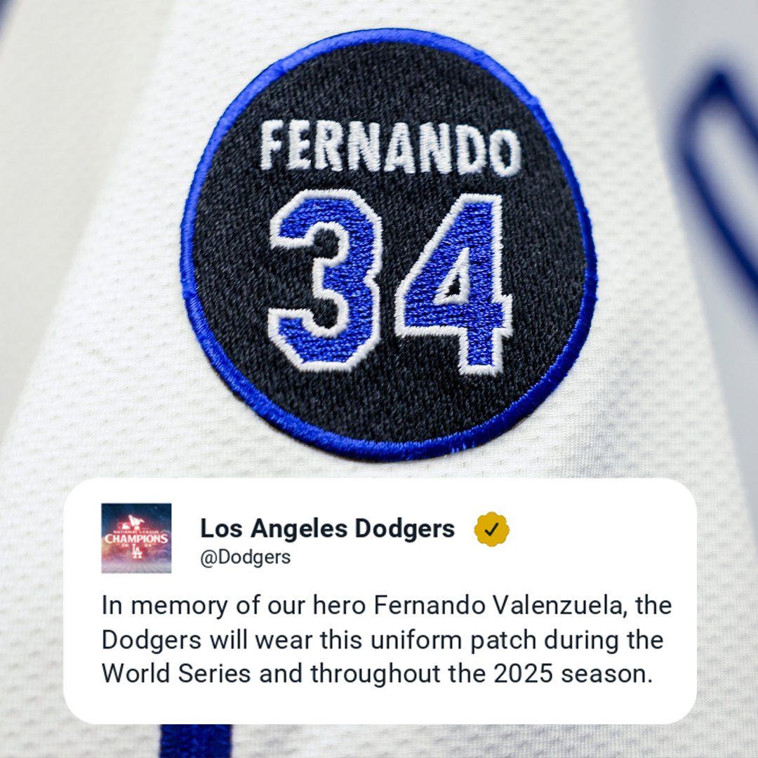 espn's tweet image. The Dodgers will wear a Fernando Valenzuela uniform patch in the World Series and during the 2025 season.