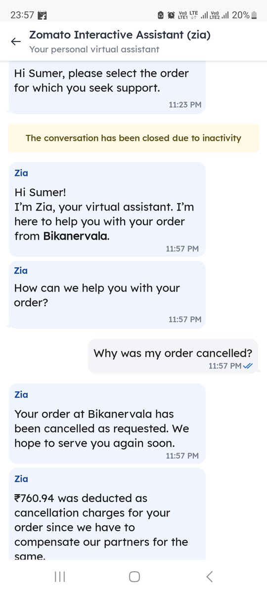 simplysumer's tweet photo. @zomato @zomatocare  how can you cancel my order yourself and deduct my balance for  order no # 6296921406 #conZomato plus pathetic customer support. Only ai chatbot in the name of customer service. https://t.co/hSeVyzyzBc