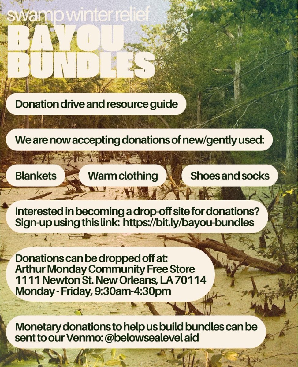 Help us keep our neighbors warm and donate to our bayou bundle program! Each bundle will include warm clothing accessories (thanks to @trynewshitclub), snacks, hygiene items, and more. 

Want to sign-up to be a donation drop-off site? Sign-up here: bit.ly/bayou-bundles