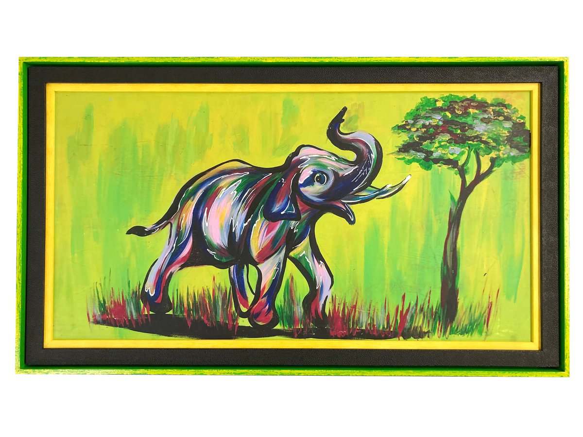 FramesUnlimited's tweet photo. An #elephant would never forget #FrameFridays. Neither would we! Take a look at this triple stacked framing design. The design includes a #colorful outer frame, a dotted black middle frame, and a bright yellow inner frame! #Animals https://t.co/RQd1HK0nP8