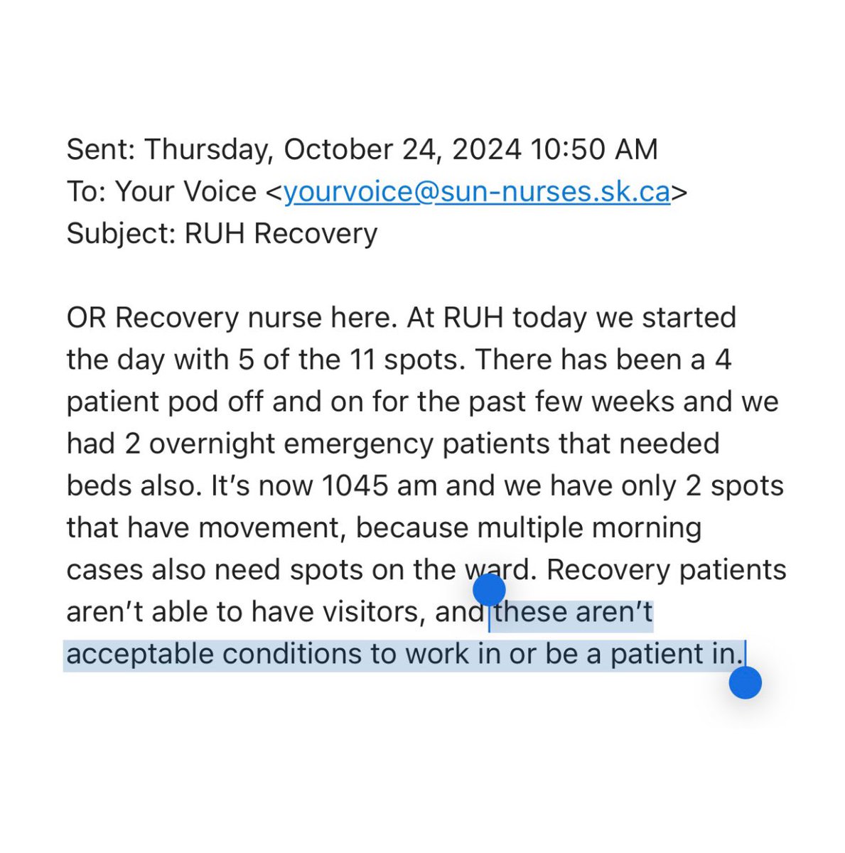 “Our ORs are on hold as we simply have no space to accept their patients” – 3x emails &amp; counting today from the Royal University Hospital Operating Room Recovery Unit. 
 
OR recovery has essentially become an inpatient unit as patients can’t be moved onto the wards. 
 
#skpoli