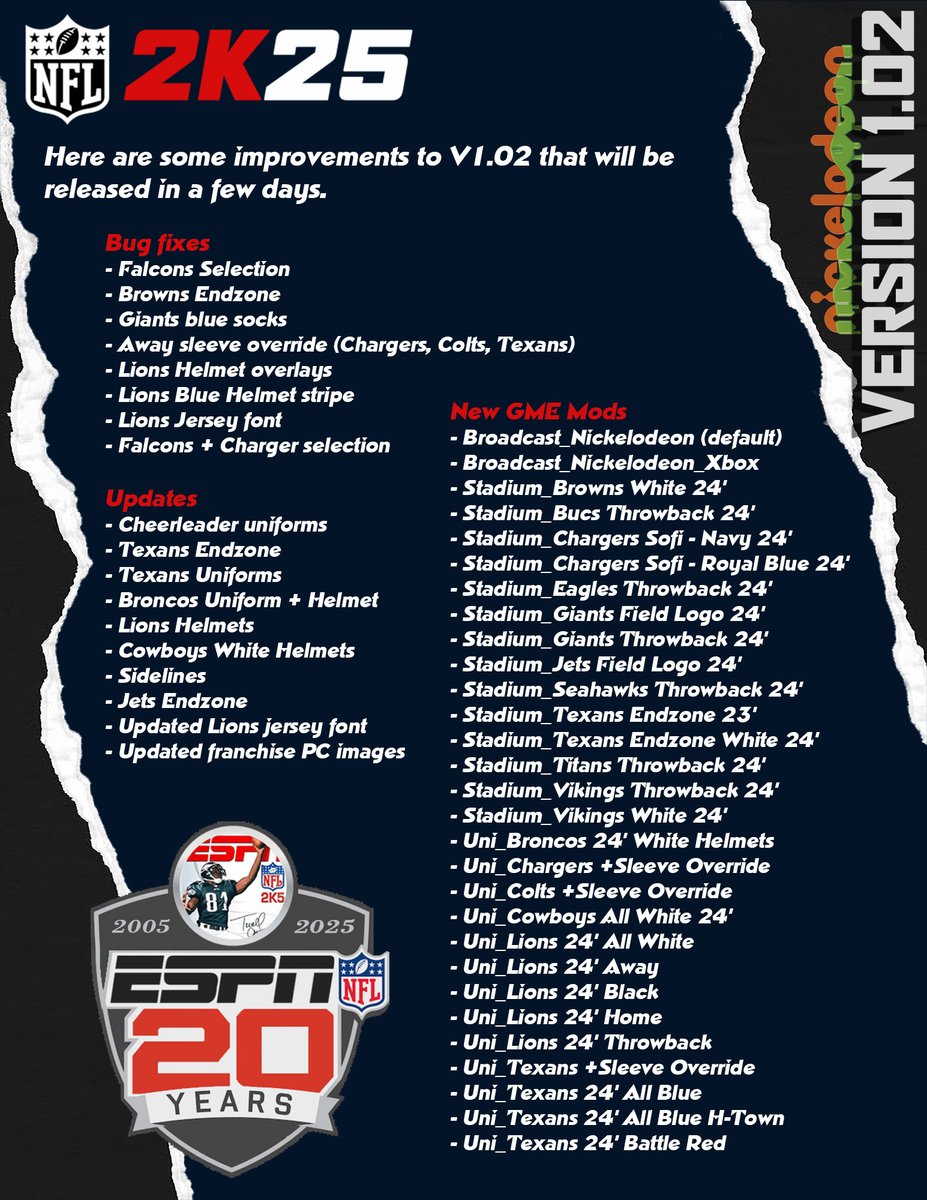 NFL 2K25 Version 1.02 will be releasing soon. This will include the new Texan uniforms using the Nike FUSE template, new cheerleader unis, a nickelodeon broadcast and other fixes and updates. Big thanks to OSE, Marquee   BigTimeEpire!

#NFL2K25 #NFL2KMOD