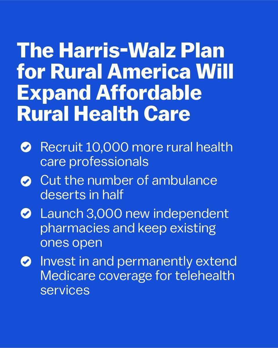 Oregonizers's tweet image. Rural Oregon deserves better health care—Kamala Harris &amp;amp; Tim Walz have a plan to make that happen. From expanding local pharmacies to recruiting 10K more health care pros, they’re delivering real solutions to our rural health care crisis. 🏥 #ForHarris #SupportRuralHealth