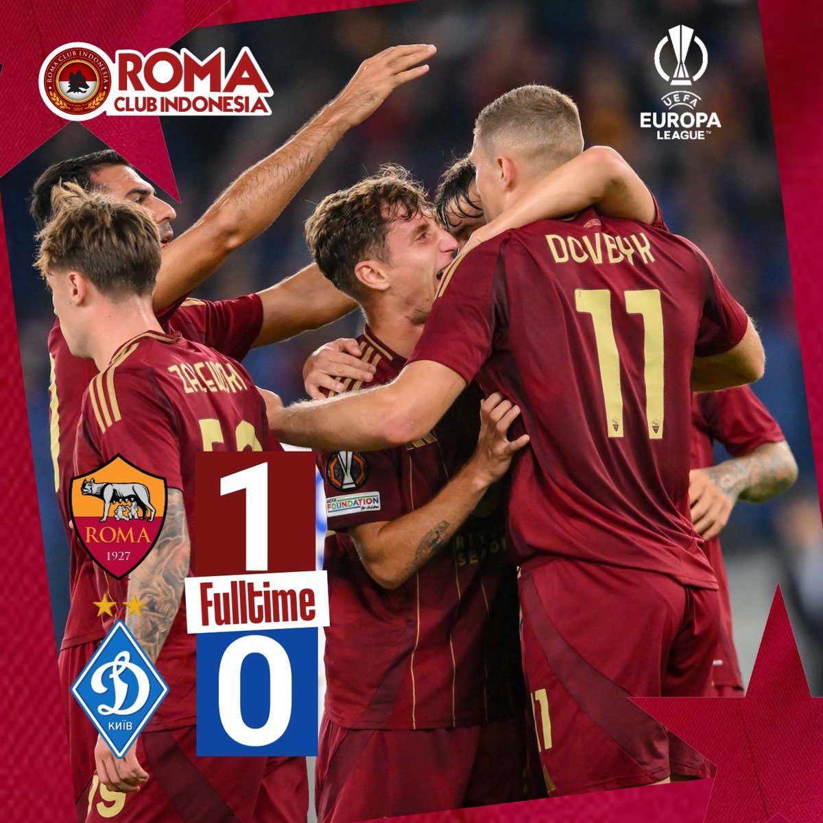 RomaIndonesia's tweet photo. 𝗙𝘂𝗹𝗹𝘁𝗶𝗺𝗲 💛❤️🐺

AS ROMA 1 - 0 DYNAMO KYIV 
______________________

#asroma #forzaroma
#uel #grazieroma
#romaclubindonesia
#unicograndeamore https://t.co/9gP4MP02Jl