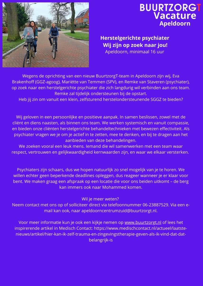 Heb jij zin om vanuit een klein zelfsturend team, herstelondersteunende SGGZ te bieden?

BuurtzorgT team Apeldoorn zoekt een #psychiater !

Lees meer over deze #vacature via bit.ly/3Qnd6Xt

#SGGZ #opdefiets #Apeldoorn