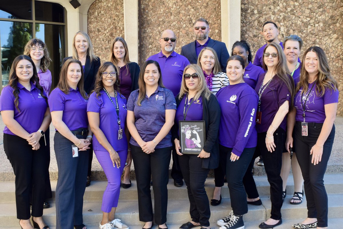 PHXHousing's tweet photo. Today, @PHXHousing is wearing #purple💜 and having a blast taking pictures, but we never lose sight of the serious cause behind it: standing together to end domestic violence.

Let’s work towards a world free from #DV.

#wearpurpleday @PHXInitiatives #PHX https://t.co/WY9eE9Pgub