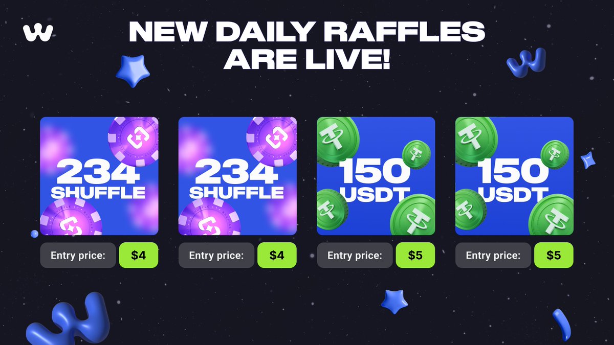 winnnables's tweet photo. New daily raffles just dropped! 🚀 

4 winners, amazing prizes, and a simple, low-cost entry.

Don’t miss your chance—ends tomorrow at 6:30 PM UTC+2!

Join here: https://t.co/aDlGuIVNQ1 https://t.co/uwcVZfUAGn