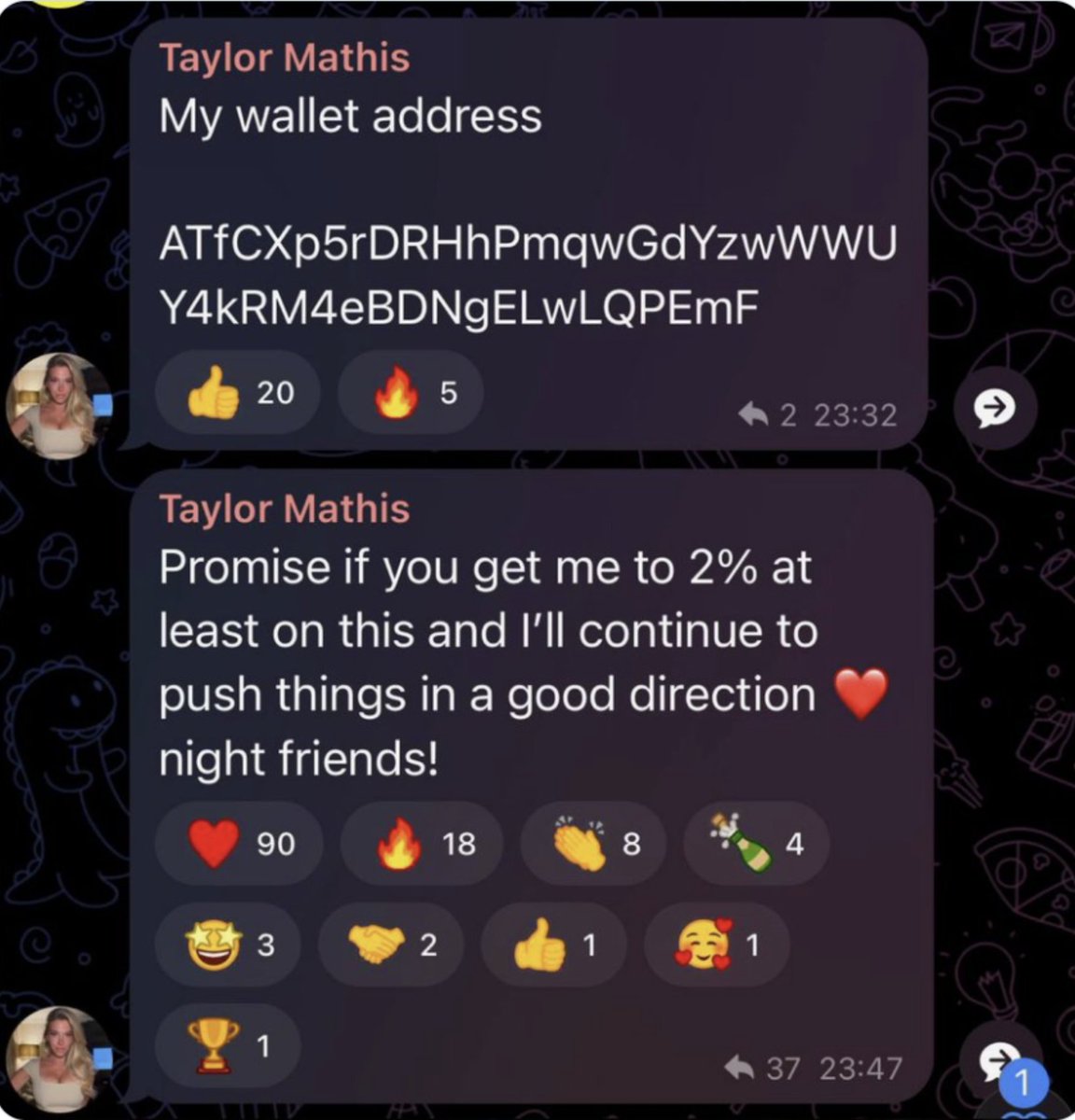 Tyler_Did_It's tweet photo. The Taylor Mathis situation with $TAYLOR has gotten very messy.

For quick background, Taylor Mathis is a sports betting content creator and analyst for DraftKings, known widely in sports for her "Walking Bets" videos.

Here's where her story meets crypto (and goes south)

TLDR:
-Degens make a TAYLOR coin after her likeness
-They get in touch with her and she agrees to promote the token for 2% of the supply (20M tokens)
-TAYLOR runs past a $6M market cap (mc) in just 3 days after she endorses the token
-The TAYLOR token then dips into the week, falling below $1.5M

Then last night,
-Taylor dumps her full 2% stack for 95 SOL ($16k) which sends the token back under $100k mc
-She posts "Yea the crypto thing is not for me lol" on X, then later posts more about it saying she'll donate the funds to a toy fund (now deleted)
-Then later last night her wallet rebuys 34M tokens for $9,000
-The TAYLOR token starts to rebound as people figure this out
-She begins posting about her re-buys in reply to an Ansem tweet, says "Great narrative right the lore is crazy"

Overall, a very unethical series of actions at minimum, which could likely be construed as market manipulation (I'm no lawyer).

Certainly a big mess she has gotten herself into here, and a bad look for everyone involved...