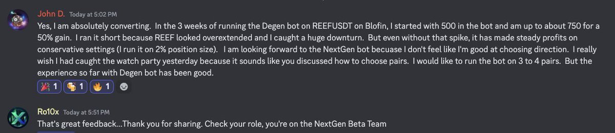Community Highlight, Degen Bot Success Story 💪 

We love hearing about your wins, and this one is impressive! 🎉

John D. recently shared, after running the Degen Bot on REEFUSDT via Blofin. Starting with $500, he's already up to $750, that’s a 50% gain in just 3 weeks!