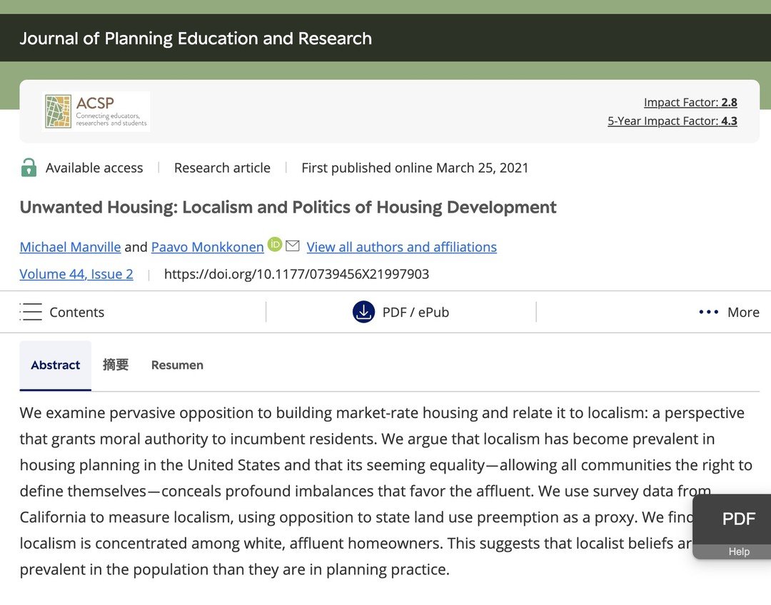 mnolangray's tweet photo. "We find that localism is concentrated among white, affluent homeowners...localist beliefs are less prevalent in the population than they are in planning practice." https://t.co/iaRUQRit5c