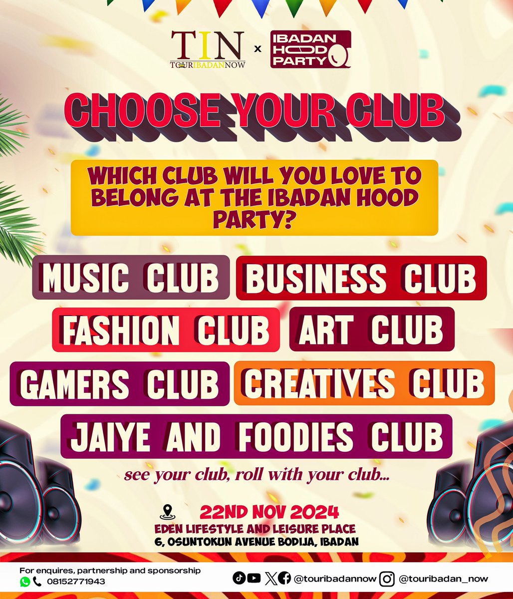 touribadannow's tweet photo. Due to popular request, we’ve added gamers club to the list of clubs that will be available at the Ibadan hood party, see, join your club and roll with like minds in your club, you can connect like minds via our WhatsApp community. Which club will you be joining? https://t.co/KO7Y9CqqqW