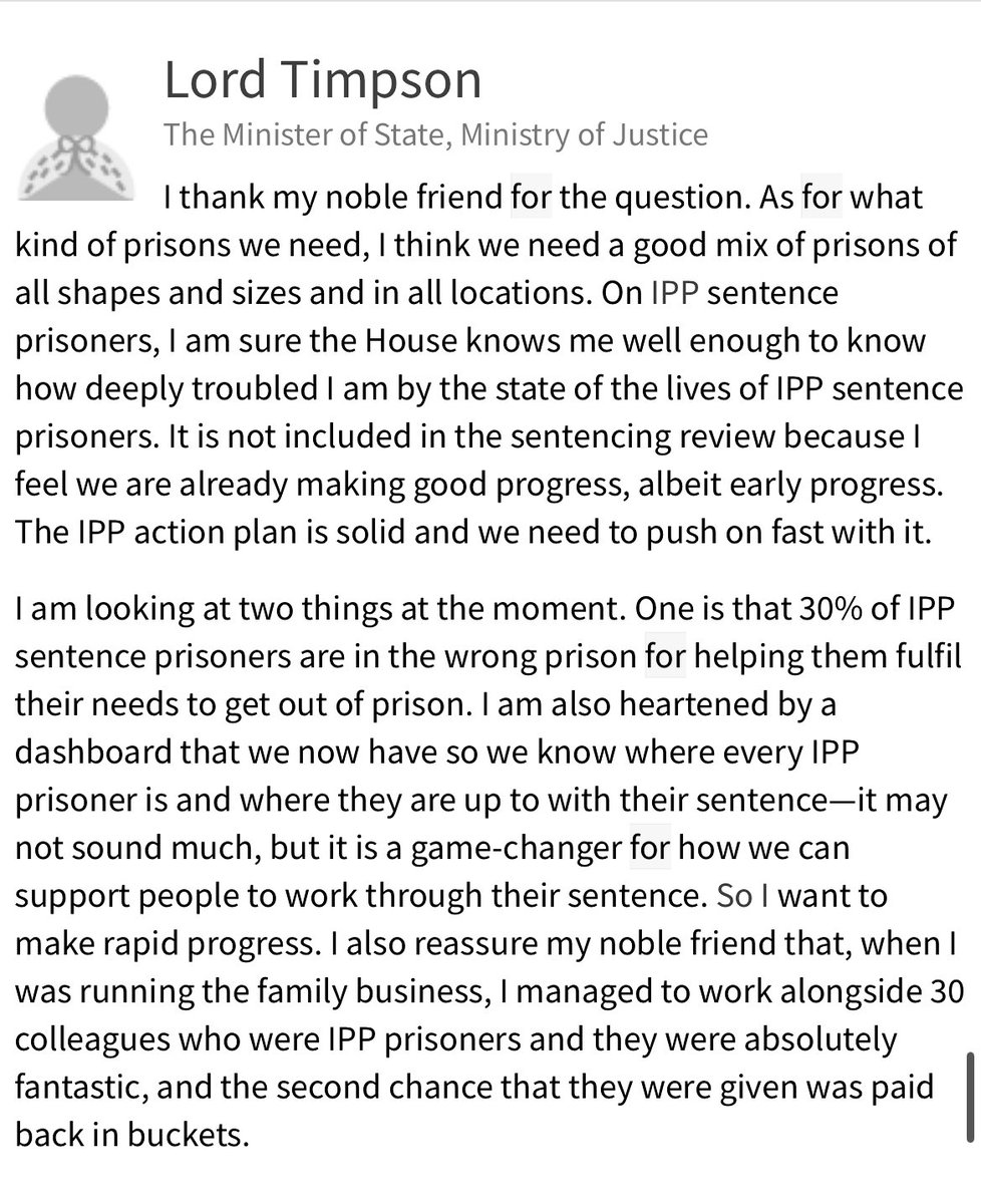 UNGRIPP (@ungripp) on Twitter photo Almost 20 yrs ago IPP was introduced. Almost 12 yrs ago it was abolished.
So, is this really the best the government can come up with - to look at the 30% who are in the “wrong” prison & to analyse data?
This is not enough!
<a href="/ShabanaMahmood/">Shabana Mahmood MP</a> <a href="/JamesTCobbler/">James Timpson</a> Almost 20 yrs ago IPP was introduced. Almost 12 yrs ago it was abolished.
So, is this really the best the government can come up with - to look at the 30% who are in the “wrong” prison & to analyse data?
This is not enough!
<a href="/ShabanaMahmood/">Shabana Mahmood MP</a> <a href="/JamesTCobbler/">James Timpson</a>