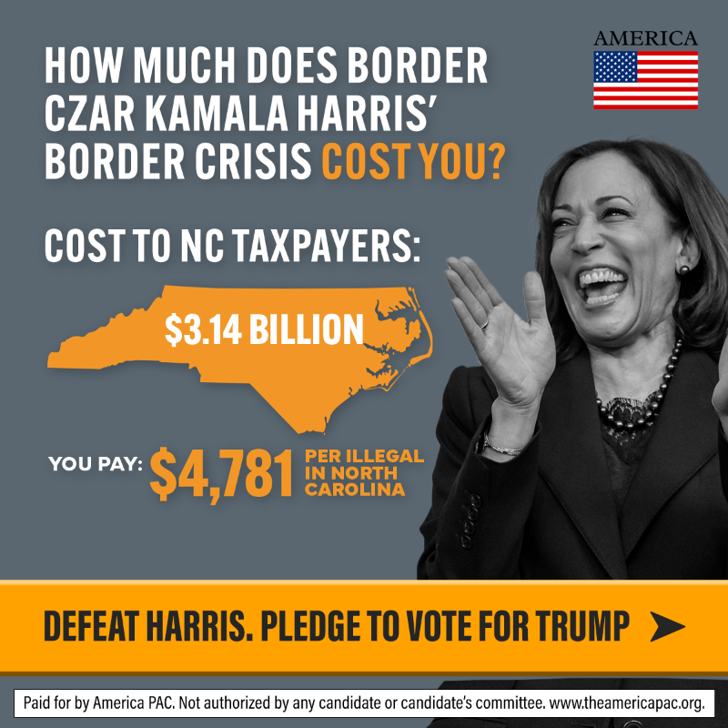 america's tweet photo. As "border czar," Kamala Harris had one job—to secure our borders—and she failed disastrously.

Do you trust her to lead our country? North Carolina, take matters into your own hands—pledge to vote for Donald J. Trump to protect America's future!