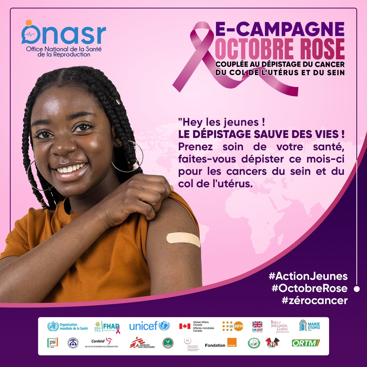 Hey les jeunes ! Le dépistage sauve des vies ! 

Prenez soin de votre santé, faites-vous dépister ce mois-ci pour les cancers du sein et du col de l'utérus. 

#ActionJeunes 
#OctobreRose
#zérocancer
#ONASR