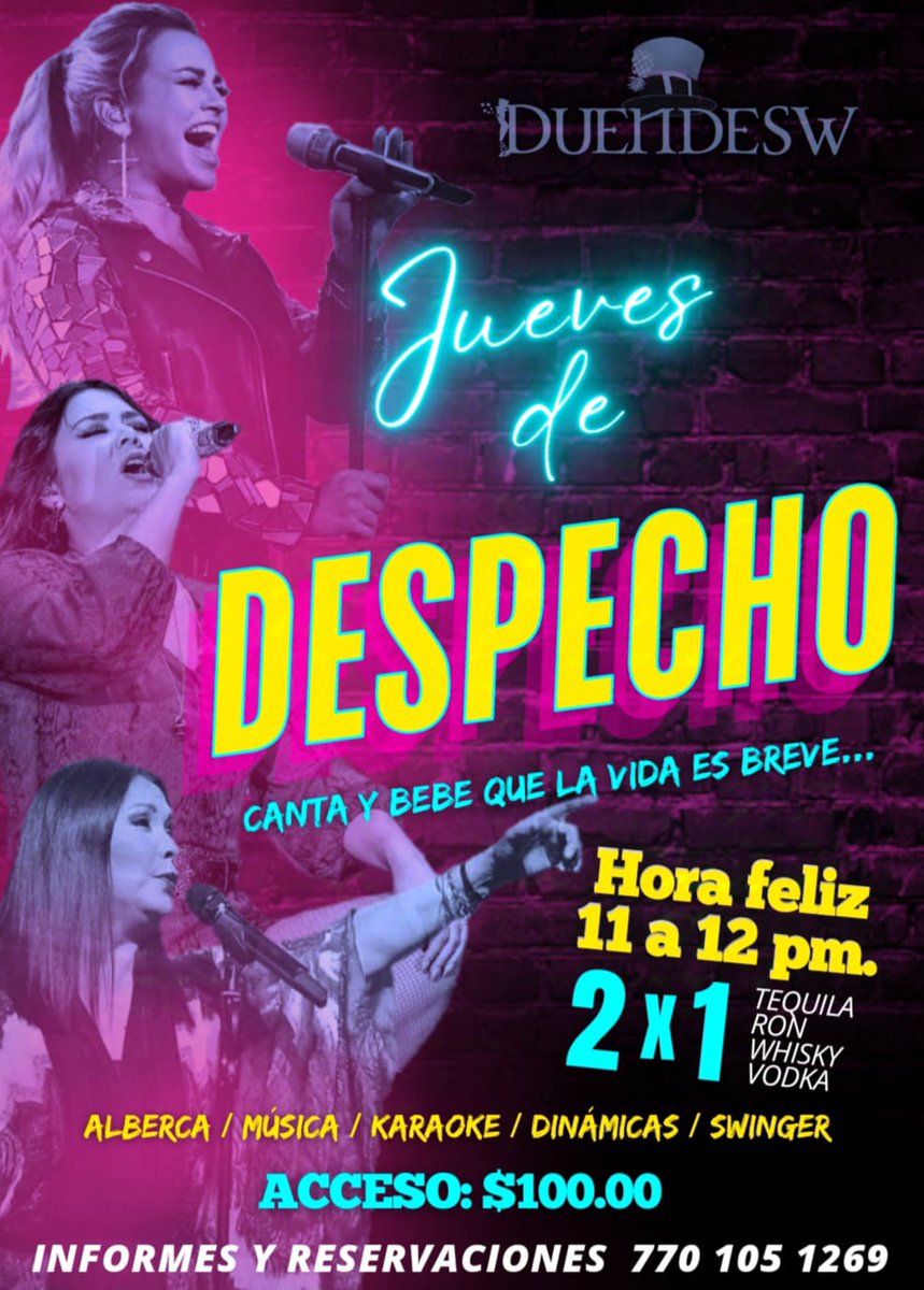 CDuendesw's tweet photo. Ven a @Duendesw_Cuerna a disfrutar del primer #JuevesDeDespechoSw 

🎤 Karaoke 
🎤 Sw
🎤 Hora feliz de 11 a 12

📱Informes y reservación: 770 105 1269.

#DisfrutaTuSexualidad
#SinInhibiciones https://t.co/CIEX4gPFdk