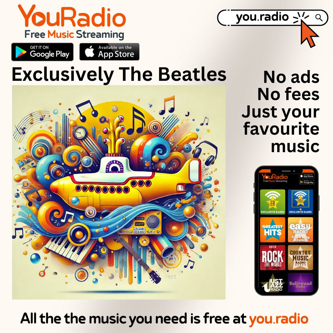 YouRadio_'s tweet photo. 🌟 All Yellow Sub-marine, No Sub-scriptions! 🌟

No ads. No fees. Just 100% Beatles 💛✨🎤🎸 

Dont' let Sub-scriptions leave you in the red, climb aboard and enjoy free music at YouRadio. 

#BeatlesRadio #YellowSubmarine #FabFour #FreeMusic #Beatles #ClassicHits  #YouRadio #60s https://t.co/kzsXEX1PJR