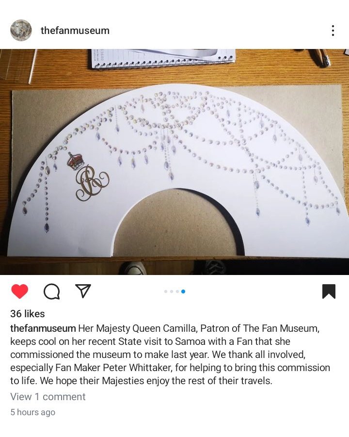 nocontxtcamilla's tweet photo. 🪭  "Her Majesty Queen Camilla, Patron of The Fan Museum, keeps cool on her recent State visit to Samoa with a Fan that she commissioned the museum to make last year. We thank all involved, especially Fan Maker Peter Whittaker, for helping to bring this commission to life."  ~  @TheFanMuseum