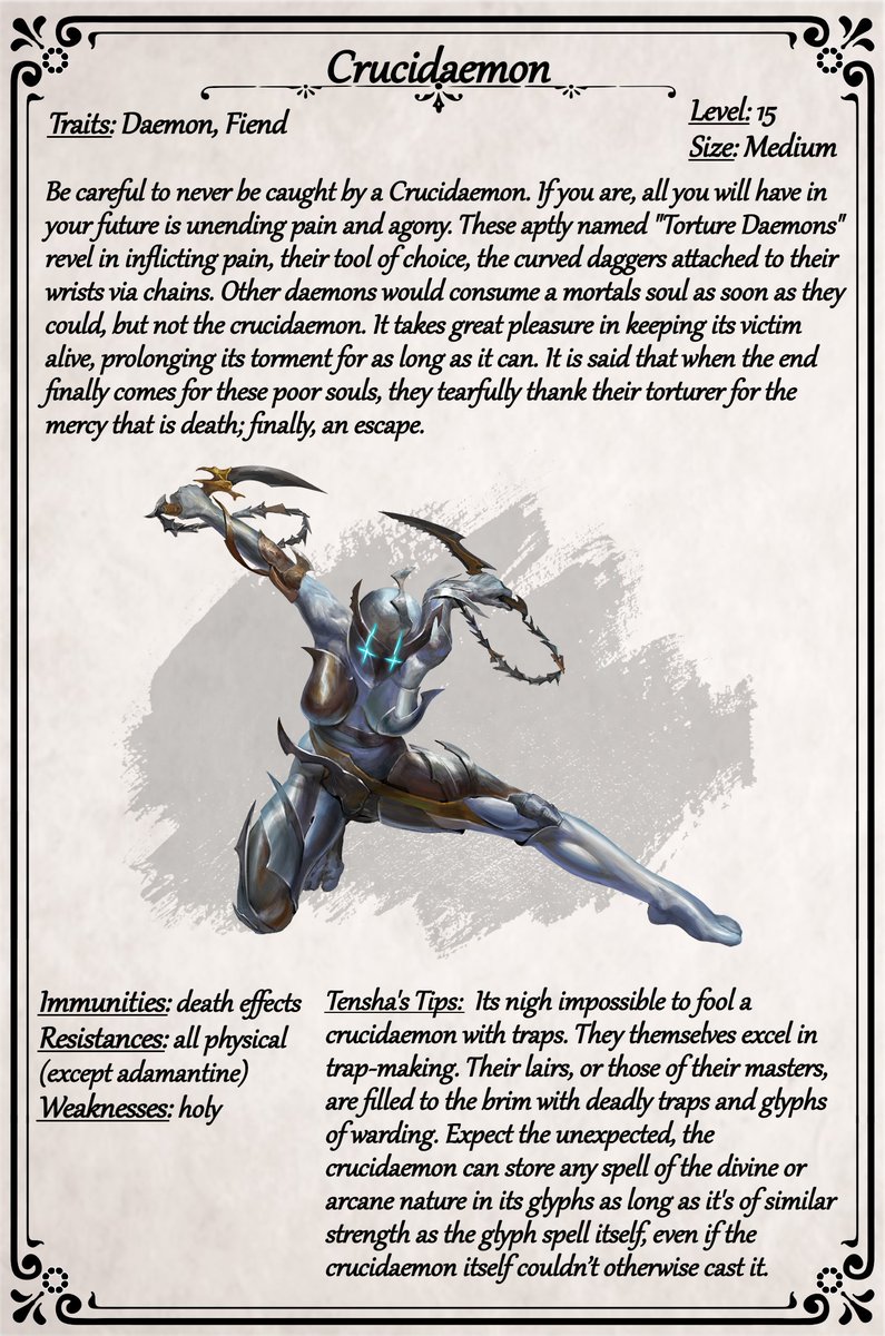 Today's lesson is of the Crucidaemon. Perhaps not something you'd encounter every day, but dangerous enough to warrant study and caution. 

#ttrpg #Pathfinder2e #pf2e #pathfinder