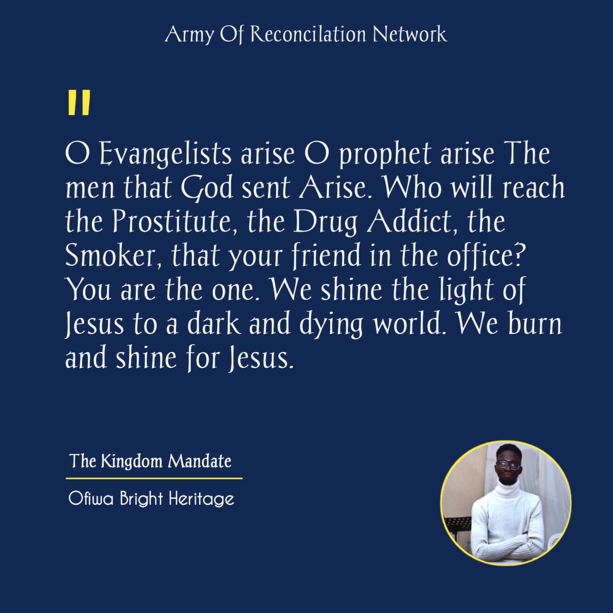 Brightheritage5's tweet photo. Let the men of God arise Let them know in your office Let them know in your school Let them know in your compound. Let them know about Jesus🔥🔥🔥

#IwillletthemknowaboutJesus
#Jesuschallenge
#Evangelismtotheendsoftheearth https://t.co/QkaQFqdplY