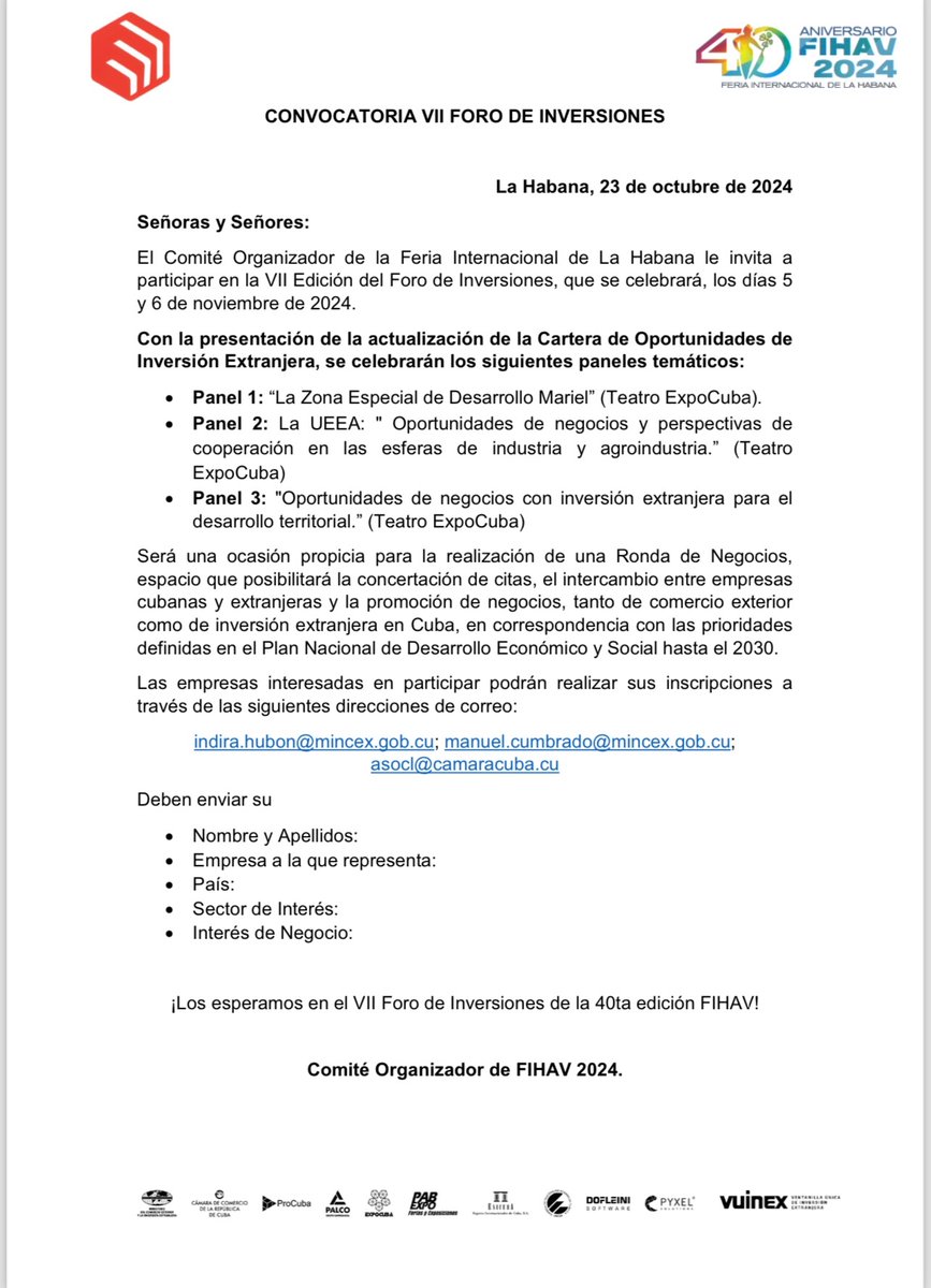 Vuinex_Cu's tweet photo. Convocatoria Oficial para el VII Foro de Inversiones en Cuba 
Official Call for the VII Investment Forum in Cuba
#Cuba #FIHAV #Mincex #Procuba #Negocios #Inversiones #business #investmentopportunity #Vuinex https://t.co/vAWRkEarsU