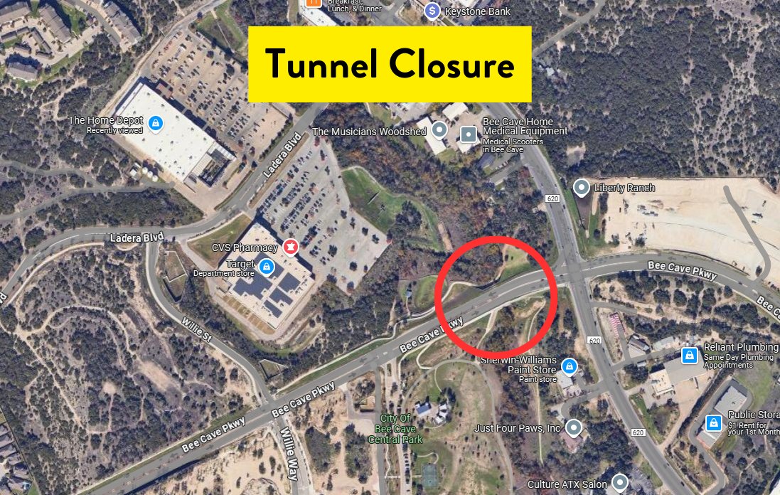 CityofBeeCave's tweet photo. ⚠️Tunnel Closure⚠️
The tunnel under Bee Cave Pkwy will be closed today until next week due to the set up and take down for the Bee Cave Haunted Trail event. Avoid the tunnel until next week. https://t.co/wLkmeH6bKx