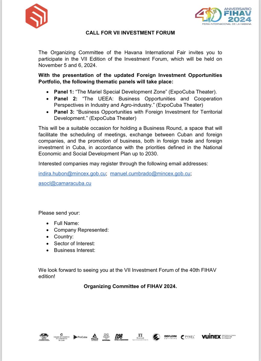 Vuinex_Cu's tweet photo. Convocatoria Oficial para el VII Foro de Inversiones en Cuba 
Official Call for the VII Investment Forum in Cuba
#Cuba #FIHAV #Mincex #Procuba #Negocios #Inversiones #business #investmentopportunity #Vuinex https://t.co/vAWRkEarsU